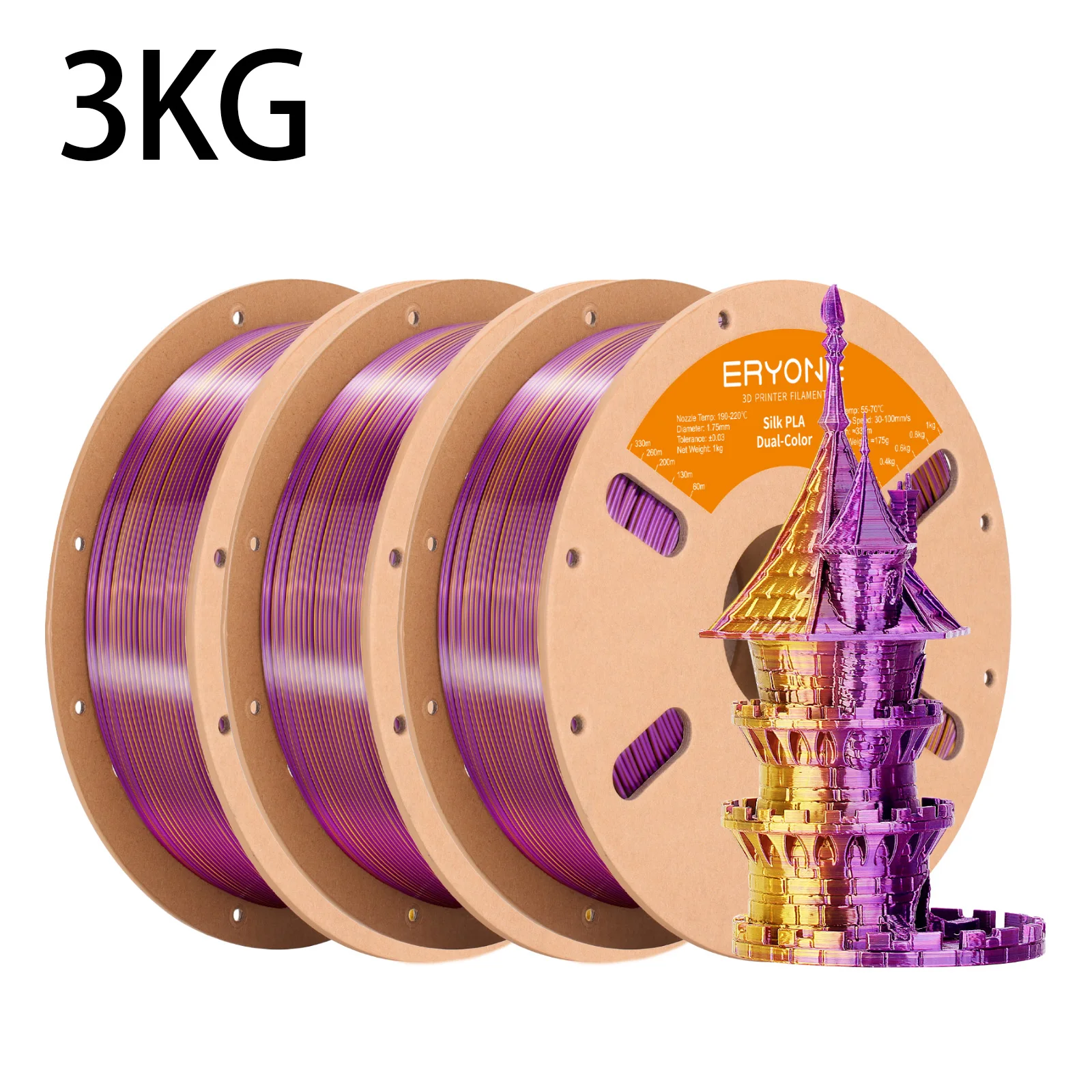 ERYONE 3KG PLA Dual Color Silk PLA Filament Compatibel met FDM 3D-printers 1KG 1,75 mm ±0,03 mm Perfecte spoelwikkeling 1kg spoel