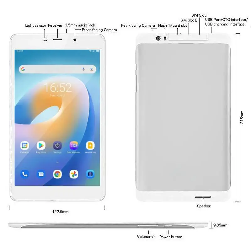 1920x1200 пикселей, 8 дюймов, 4G, телефонный звонок, Android 6,0, планшетный ПК MT8783, восьмиядерный процессор, 1,4 ГГц, 2 ГБ ОЗУ, 16 ГБ ПЗУ, 2 x поддержка SIM-карты GPS