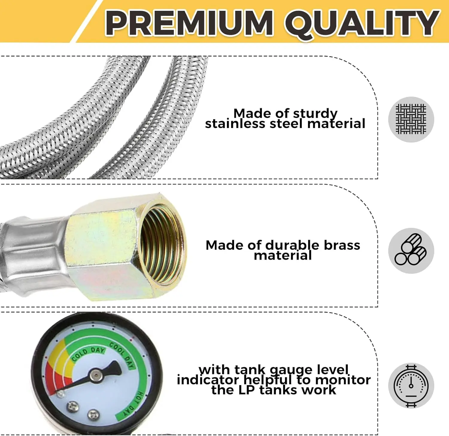 5 Feet Y-Split Propane Regulator Hose + Tank Gauge Fitting LPG Gas Grill Heater Low Pressure Adapter QCC1/Type1 To 3/8