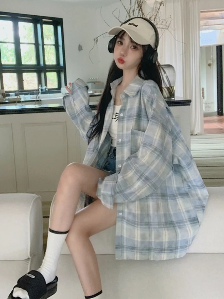 

plus Size Women's Neck Shirt Summer Loose Fit Plaid Outerwear Sun Protection Long Sleeve Korean Style Commute Fashion