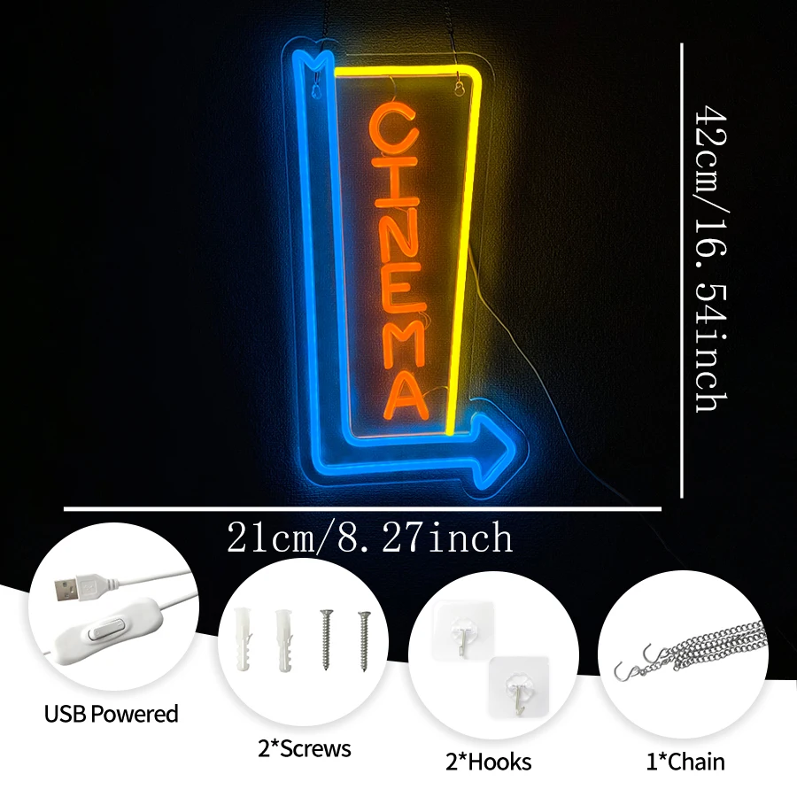 Cinema Arrow LED Neon Sign USB Blue Yellow Orange Neon Wall Light Movie Theater Guide Decor，for Bar Home Movie  Wall Decor