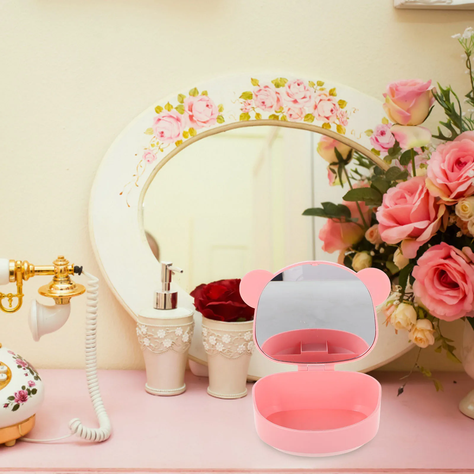

Bear Ear Makeup Mirror Organizer Compact Portable Travel Makeup Bag with Highdefinition Mirror for Hair Accessories Cotton