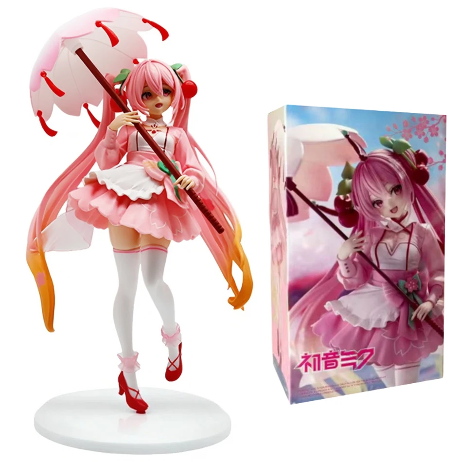 Hot Anime Hatsune Miku Pink Cherry Blossom Umbrella Little Devil Figure Series Handmade PVC Model Ornaments Toys Christmas Gifts