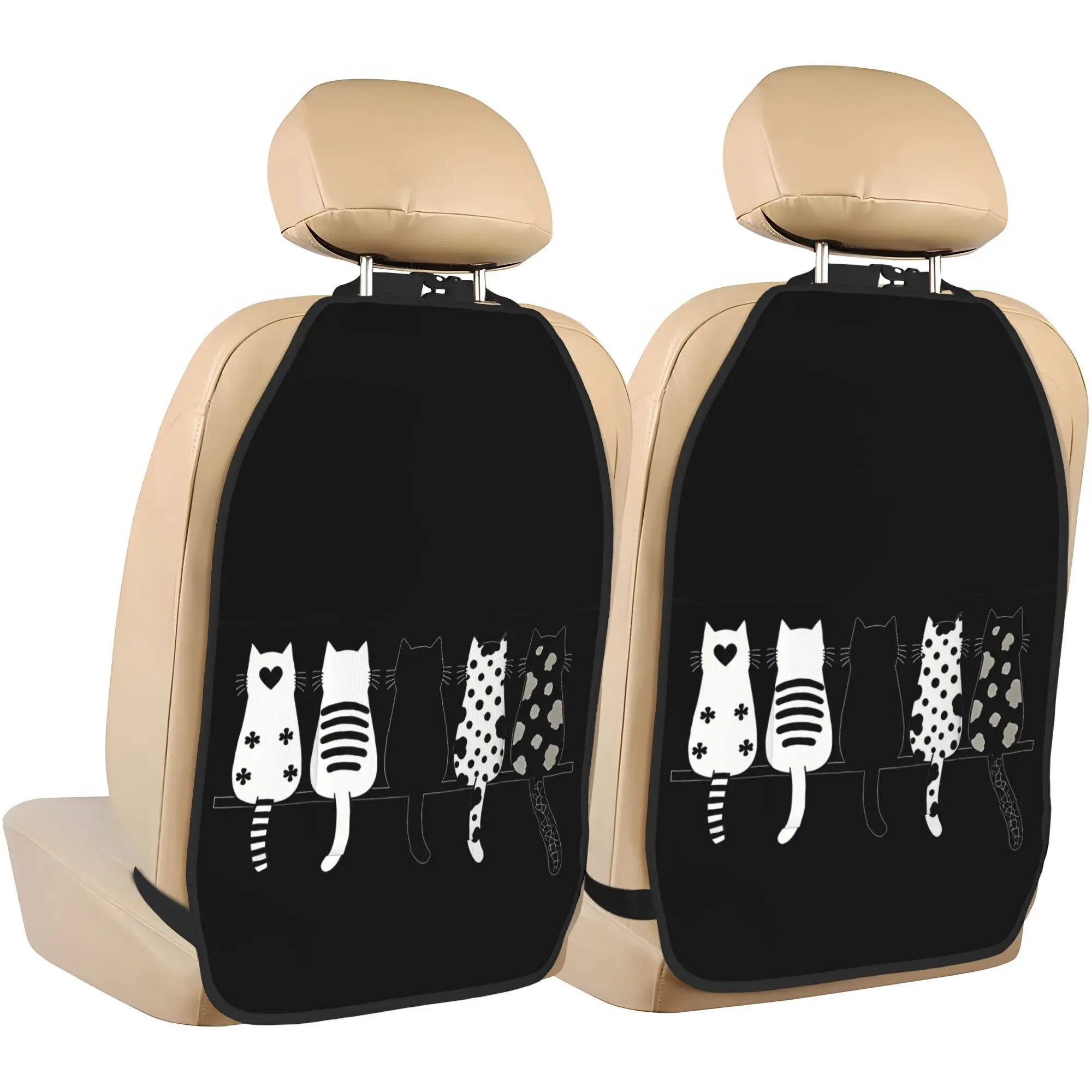 2D Printed Design, Set Of 2 Five Back View Cat Silhouettes Car Seat Back Anti Kick Mats. Stylish Printed Storage Organizer Keeps