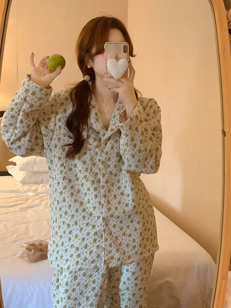 

Soft Warm Quilted Winter Print Thicken Home Sweet Long Sleeve Pajama Set Women Loose Casual Elegant Flowers Kawaii Sleepwear