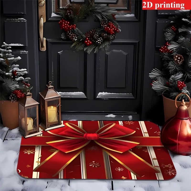 Red Christmas Gift Box Golden Bow Pattern Flannel Doormat Non Slip Floor Mat Elegant Festive Winter Holiday Entrance Decor Rug