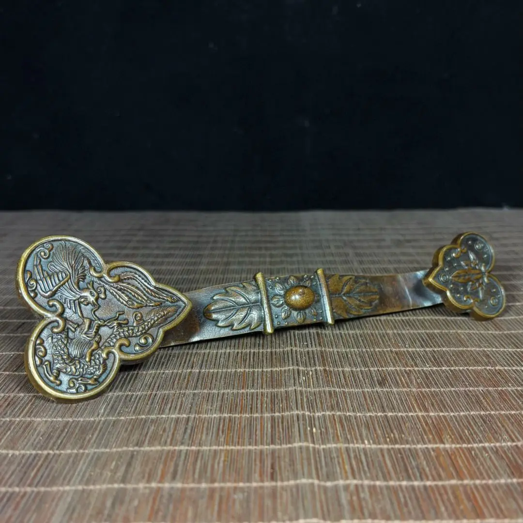 Solid Copper Relief Dragon Phoenix Ruyi Ornament, Dragon Phoenix Auspicious Pattern, Vintage Chinese Collectible Decor