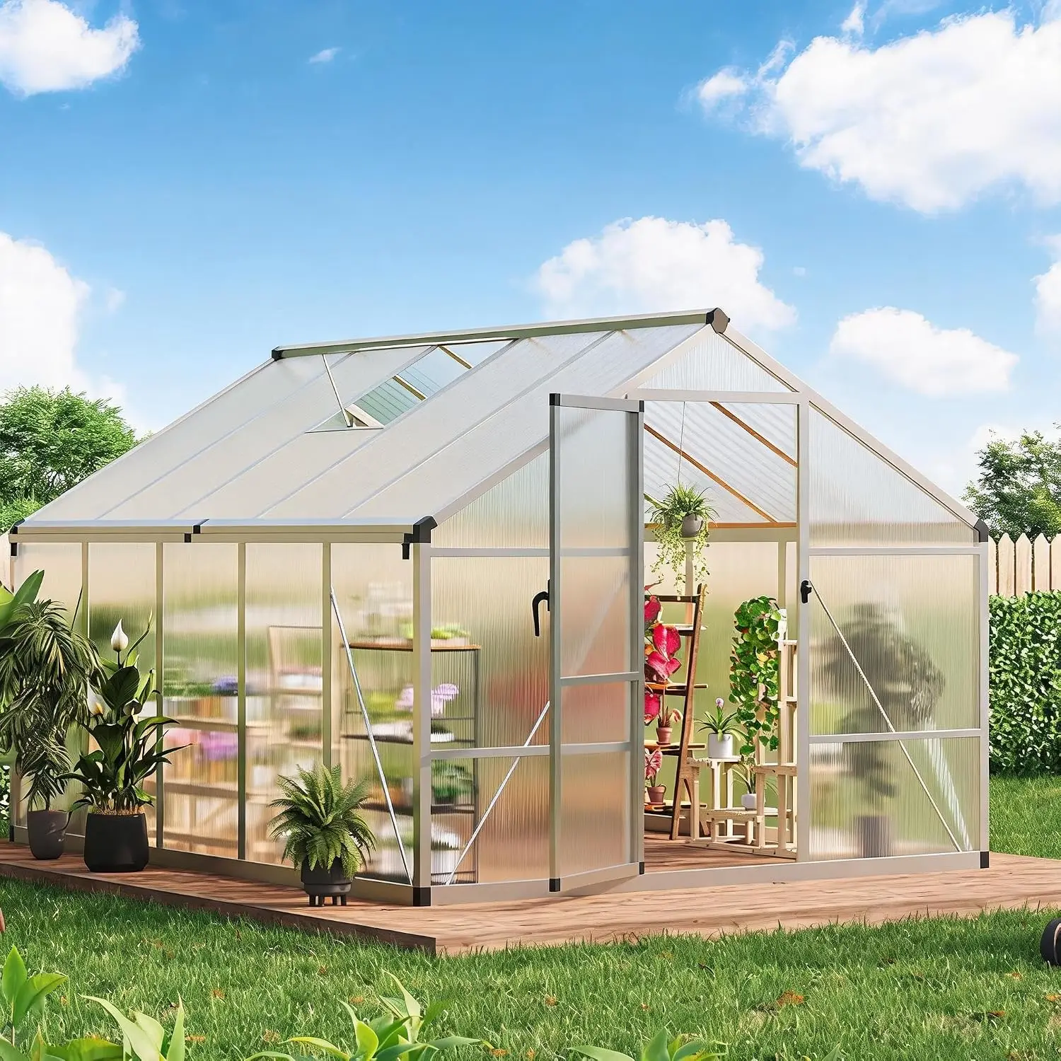 Tacleekii 8 X 10ft Polycarbonate Greenhouse for Outdoors Heavy Duty Aluminum Walk-in Greenhouse with Lockable Door Adjustable Roof Vent, Quick Setup – Ideal for Garden, Patio, Backyard Planting