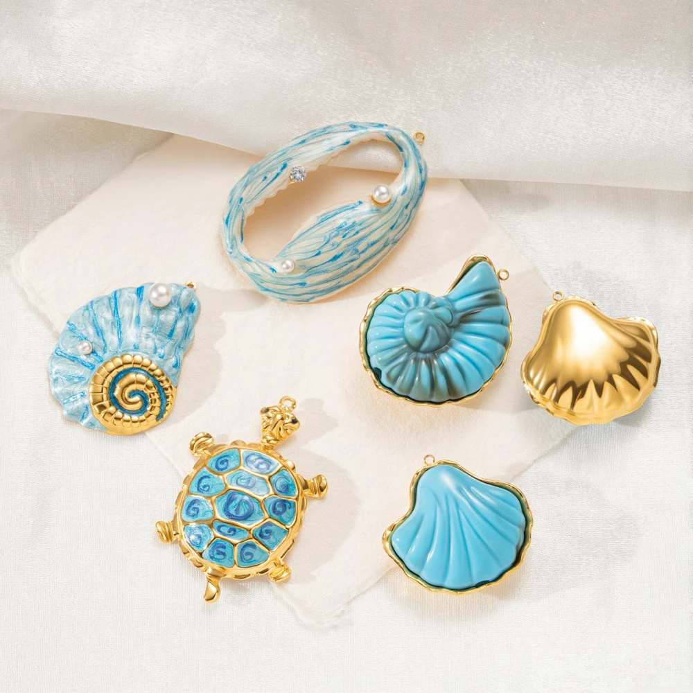 1 Stück Blaue Große Muschel-Seestern-Emaille-Anhänger in Goldoptik, Schmuckherstellungsmaterialien für DIY-Ohrringe und Halsketten für Frauen – Detail 3