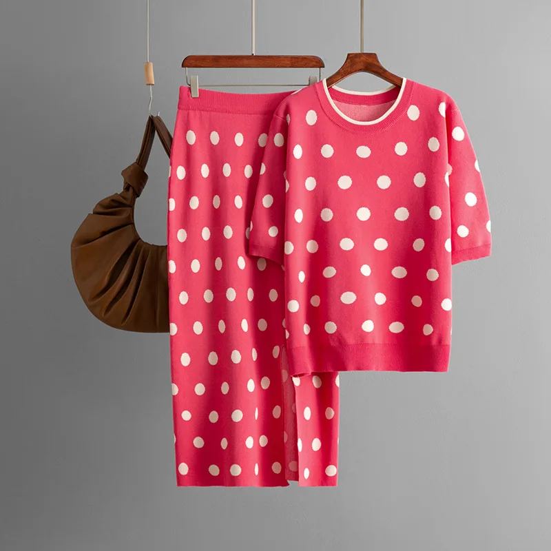Polka Dot Design Knitted 2 Piece Sets Women O-neck Short Sleeve Pullover Tops Conjuntos Korean High Waist Skirts Knitwear Outfit