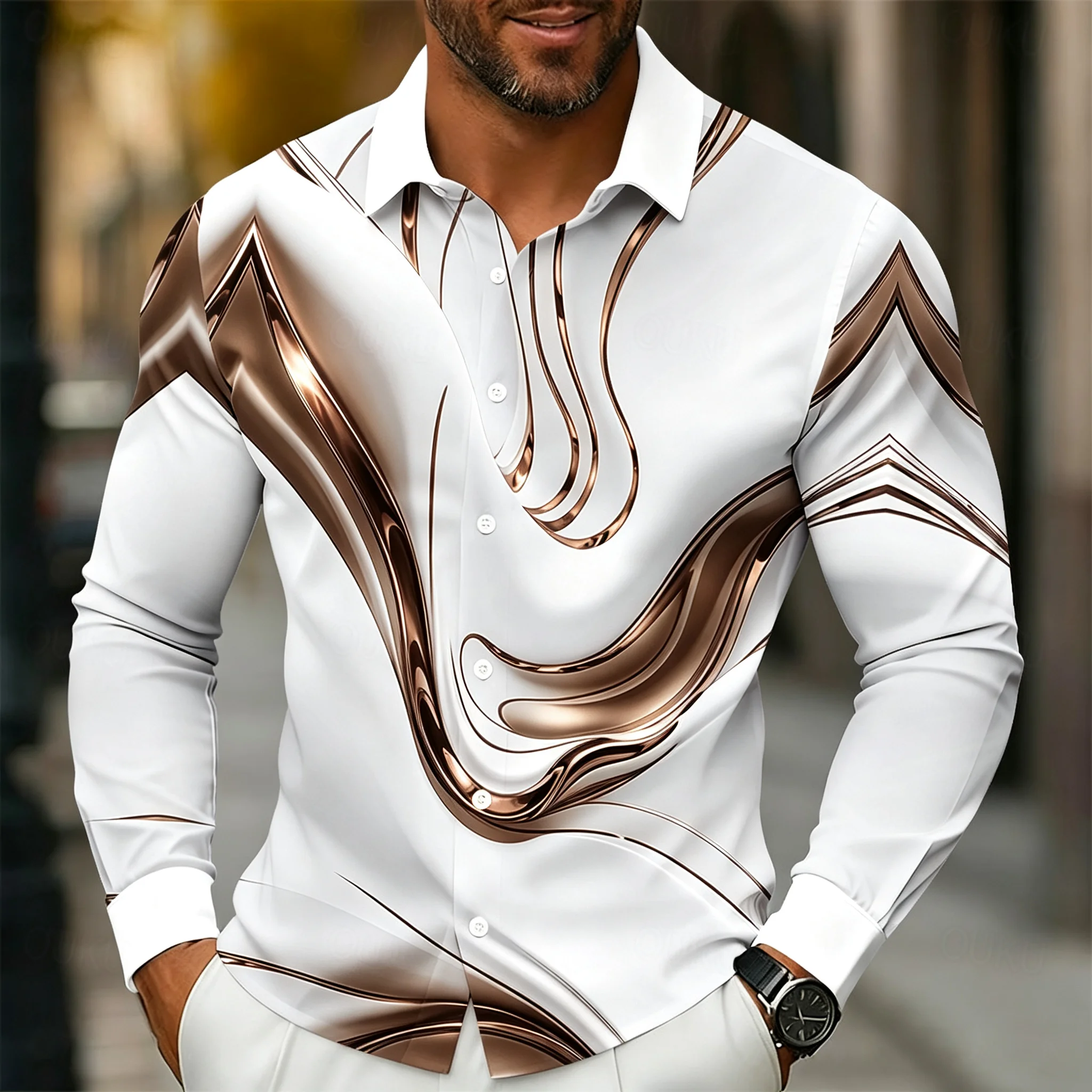 Men's Long-Sleeve Shirt with Fluid Metallic Print-3D Liquid Chrome Effect-Trendy Urban Style