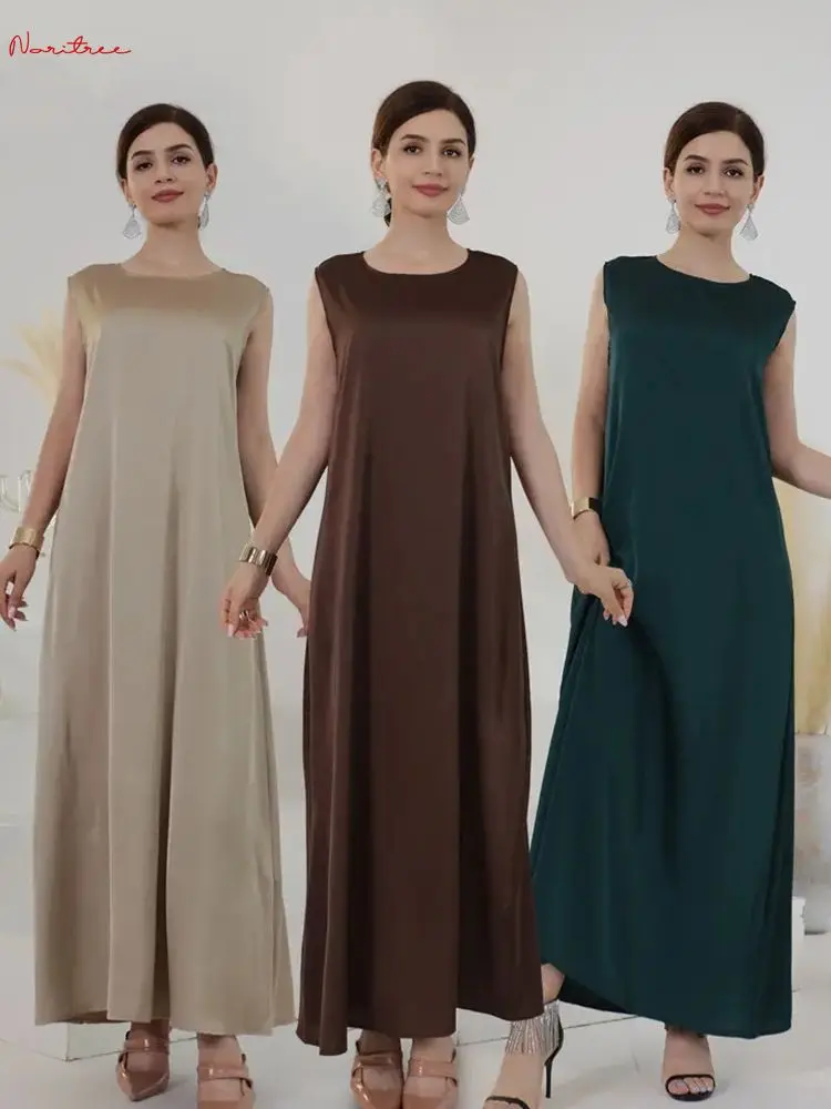 Fashion Silky Inside dress Muslim Dresses Sleeveless Long Muslim Abayas female islamic abayas muslim robes wy1696