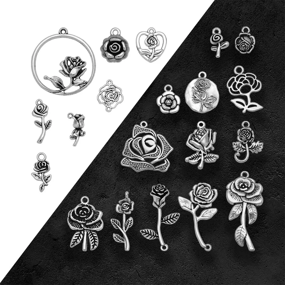 Antique Silver Plated Rose Flower Charms Valentine\'S Day Pendants For Diy Keychain Jewelry Making Findings Supplies Accessories