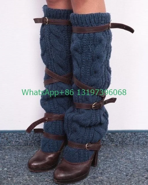 Lady blue knitted design buckle boots vintage pointed toe calf knee boots elegant Mary Janes PU shoes pumps footwear size 46