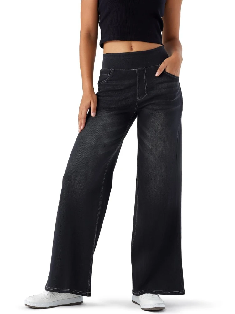 HOUZHOU Women Jeans Denim Pant High-Waisted Wide-Leg Jeans Stretch Waist Drapey Straight-Leg Loose-Fit Long Pants With Pockets