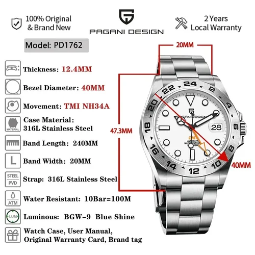 Imagen 2 del producto Pagani Design 2025 nuevo NH34 moda hombres GMT reloj mecánico automático de grado superior zafiro acero inoxidable impermeable 10Bar BGW