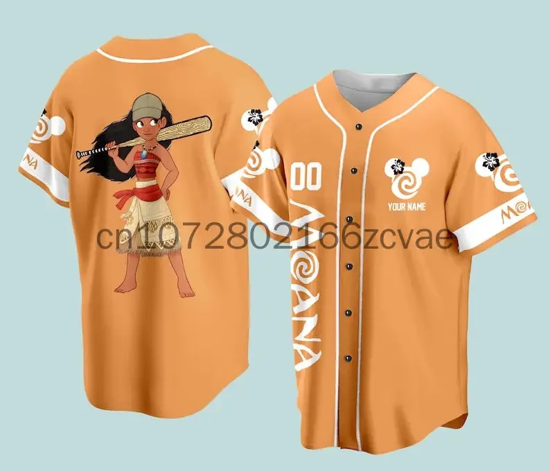 2024 New Disney Moana Princess Baseball Jersey Outdoor Sports Style Casual Jersey Men's and Women's Custom Name T-shirt