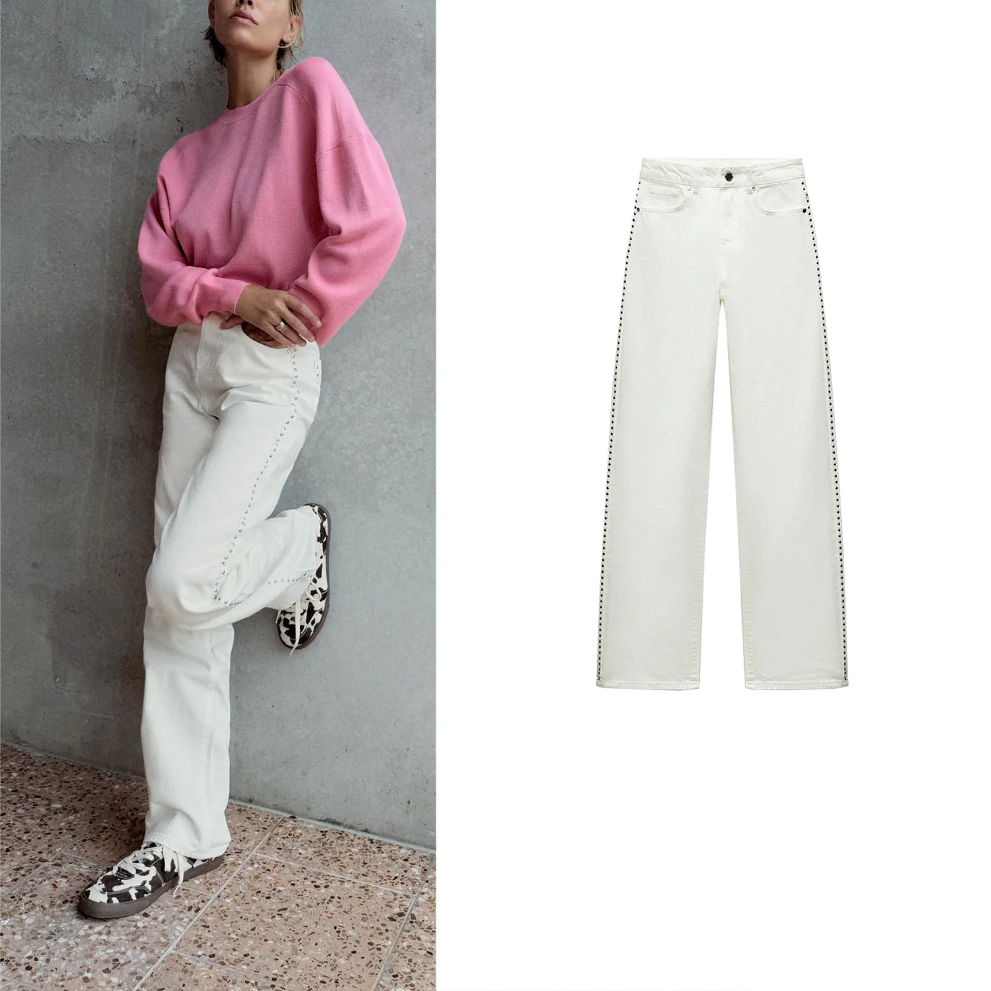 

Summer New Women's Simple Sle Five ket Rivet Decorated mid Waist Straight Leg Jeans Casual High Waist Long Pants