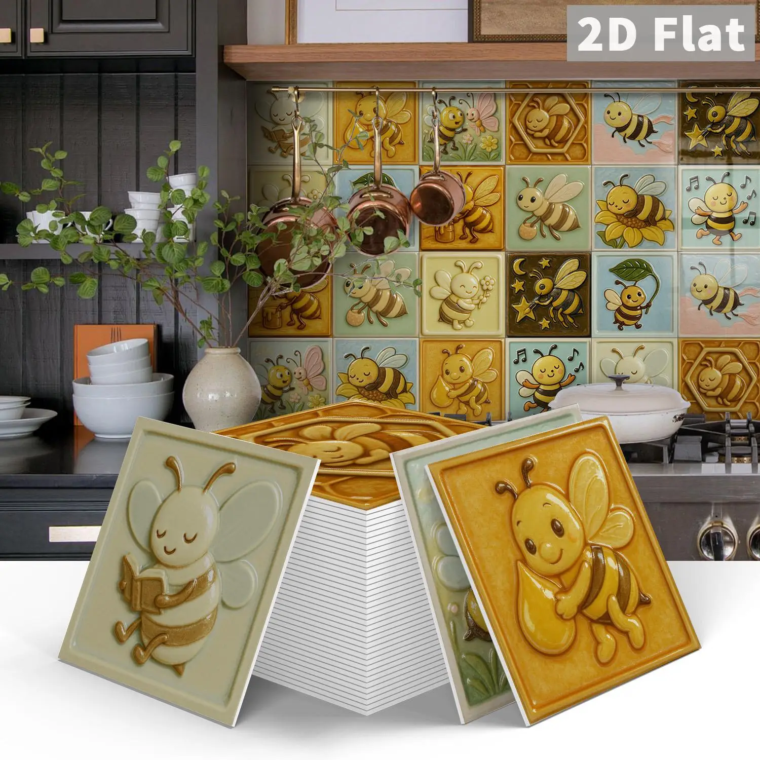 Cute Bee Tile Wall Sticker 15x15cm, Self‑adhesive Decorative Square Decal for Kitchen Bathroom Home Wall Decor
