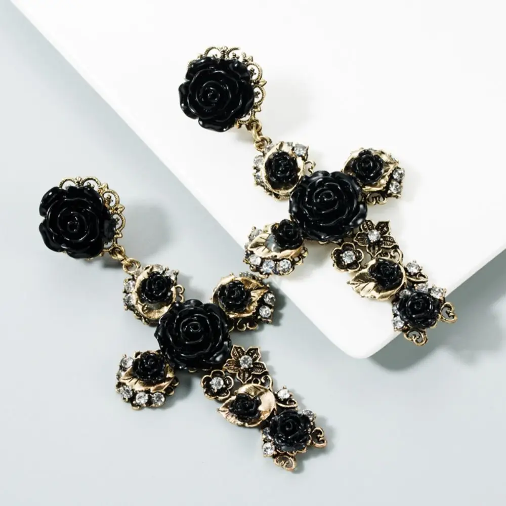 Shiny Baroco Style Rose Cross Earrings Long Jewelry Crystal Ear Stud Aesthetic Gothic Flower Stud Earrings Lolita Accessories