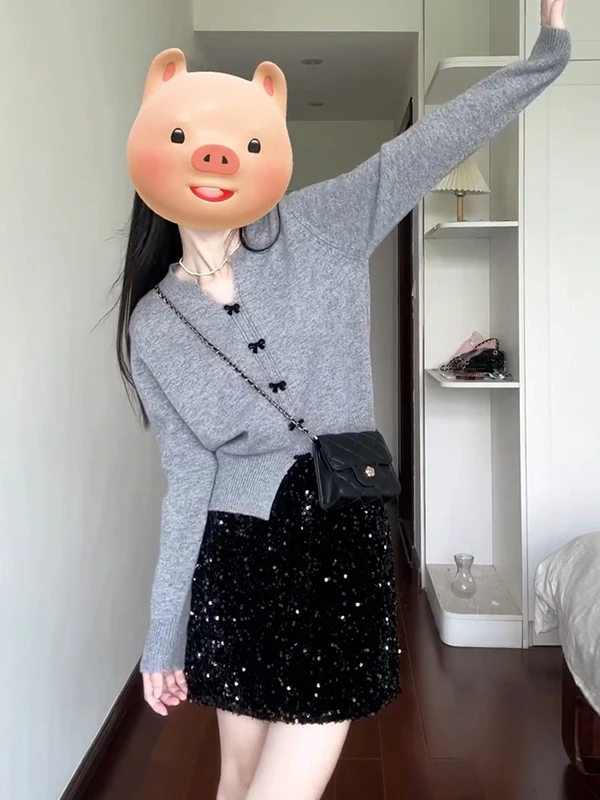 

Women's V-Ne ey Knitted Top with Bow Tie Loose Long Sve Inner Wear Base irt Autumn 2025 New Sle Premium Feeling