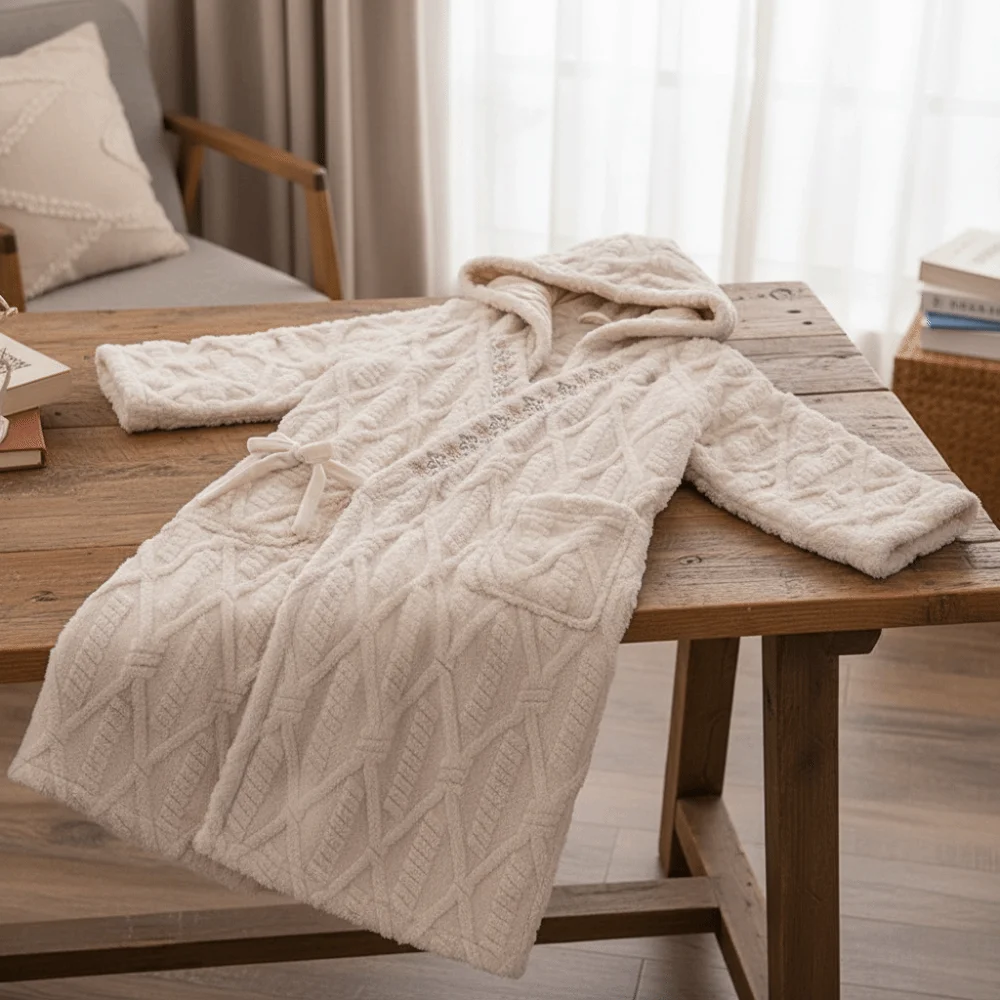 Fashion Flower Coral Fleece Sleepwear Winter Thick Warm Pajamas Robe Women Home Wear Sweet Cloak Hooded Nightgown Girl