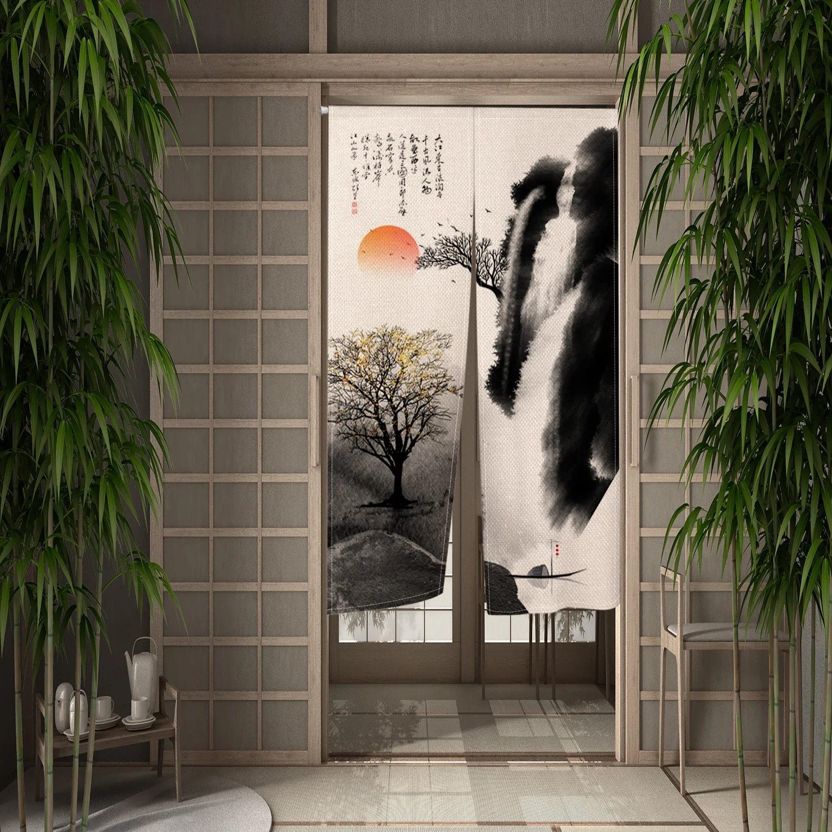 Chinese Traditional Ink Mountain Painting Door Curtain Kitchen Japanese Partition Curtain Drape Entrance Hanging Half-Curtain