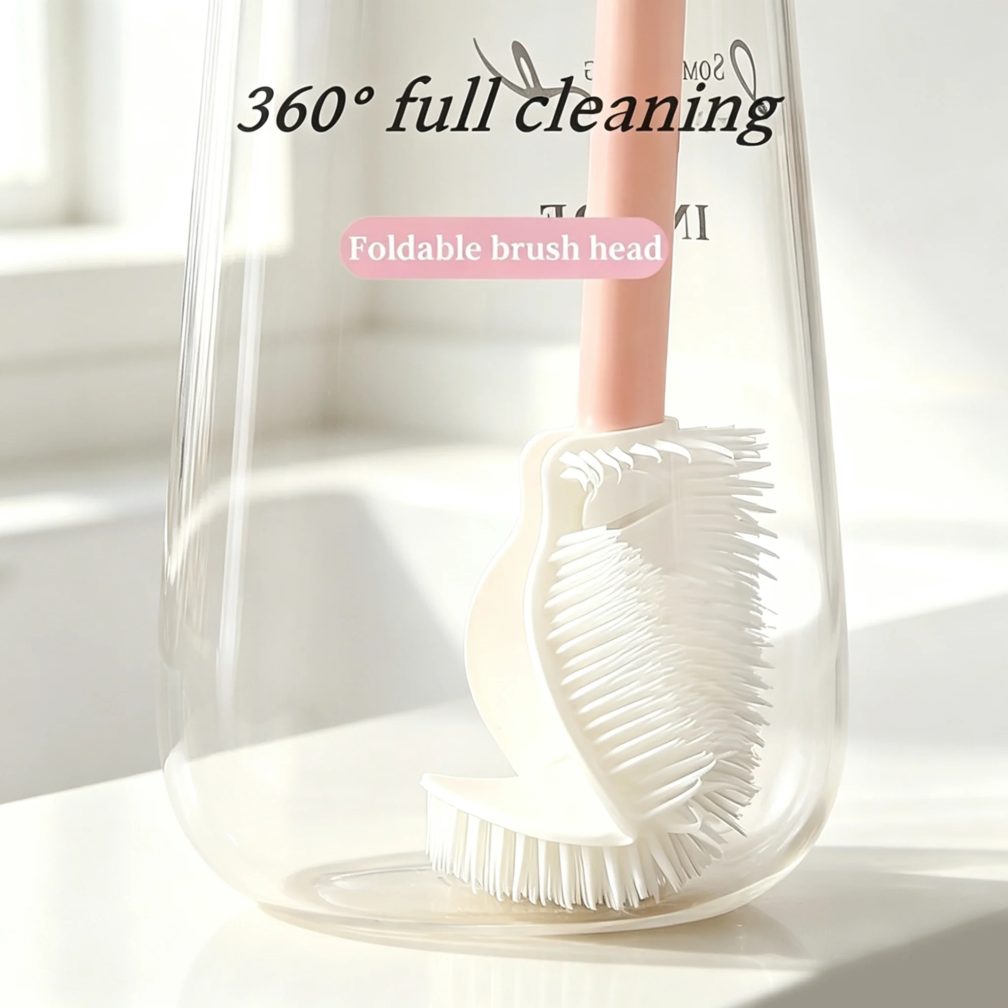 Reusable for Bottles and Cups Foldable 360 Degree Comprehensive Cleaning Silicone Brush with Long Handle Design