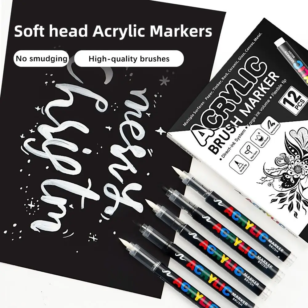 

12Pcs/Box Black/White Acrylic Marker Pen Waterproof Quickly Dry Acrylic Paint Markers Soft Tip DIY Brush Tip Marker