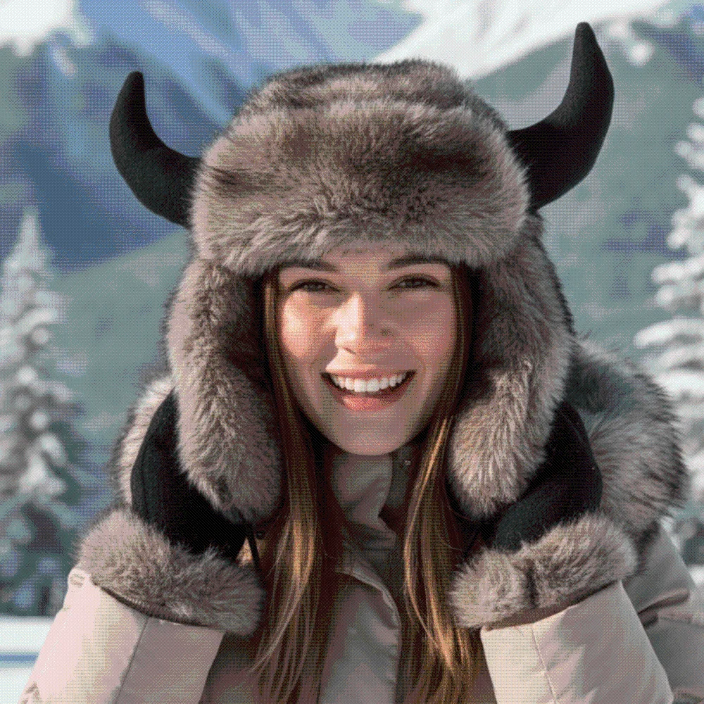 Mink Texture Faux Fur Hat Windproof Fabric Adjustable Strap Winter Trapper Caps Soft Touch Solid Pattern Bull Horns Bonnet