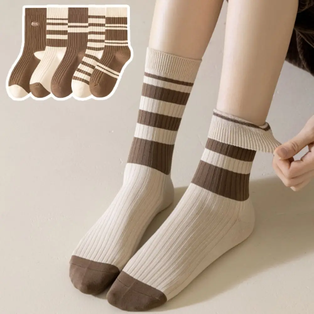 

5Pairs Comfortable Retro Women's Cotton Socks Soft Thin Stripe Tube Socks Hosiery Breathable Mid-calf Socks for Four Seasons