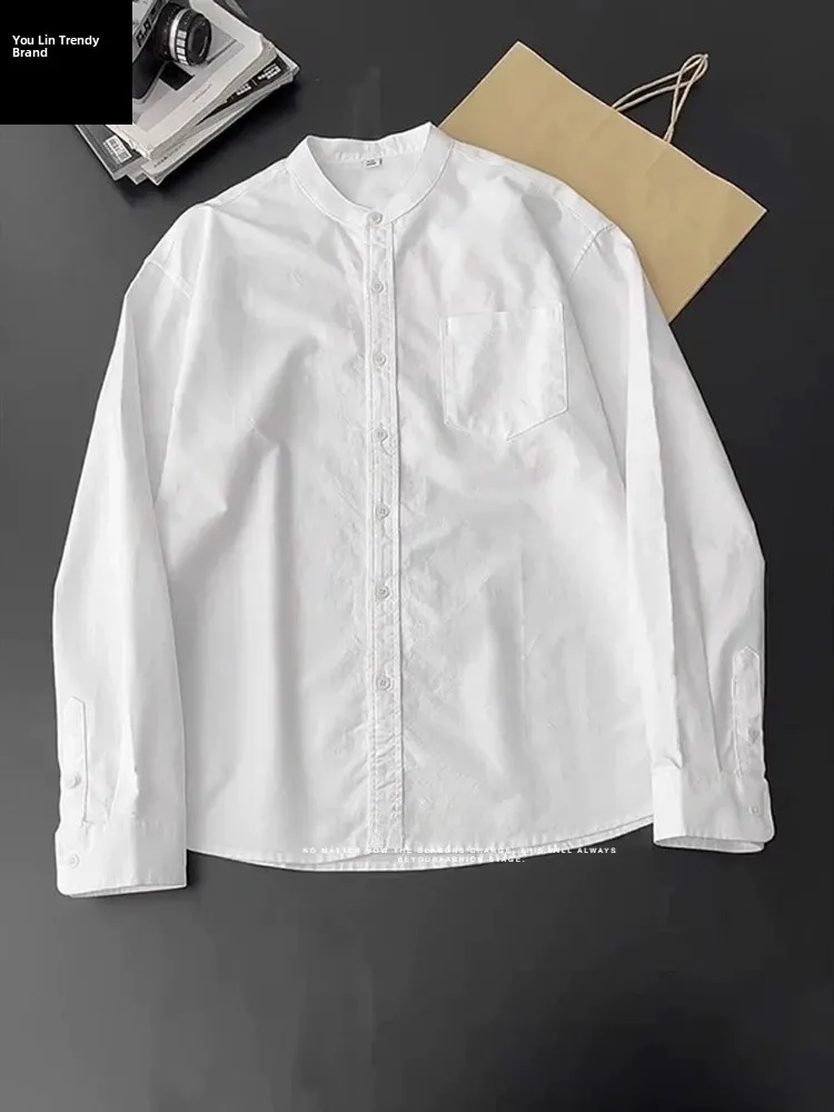 

White Pure Cotton Oxford Cloth Men's Long Sleeve Shirt Spring Autumn Stand Collar Layering Inner Wear Cleanfit Outer Jacket