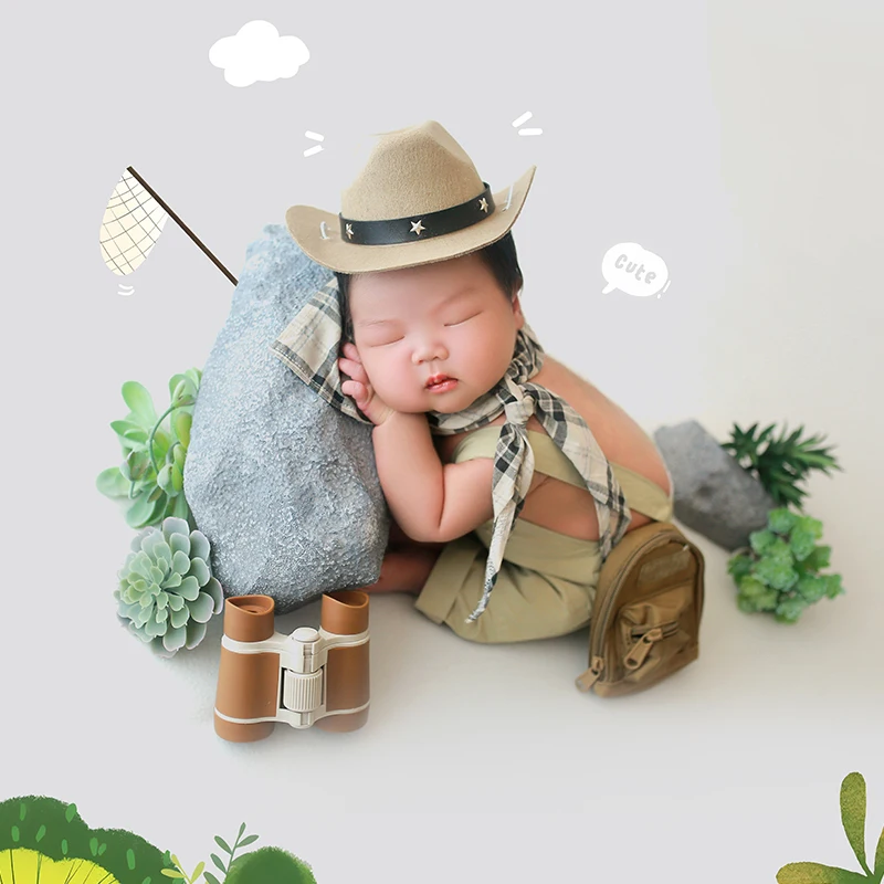 Pakaian fotografi baru lahir, setelan tema penjelajah, topi batu teleskop segar Dekorasi menembak, overall bayi lucu, topi koboi