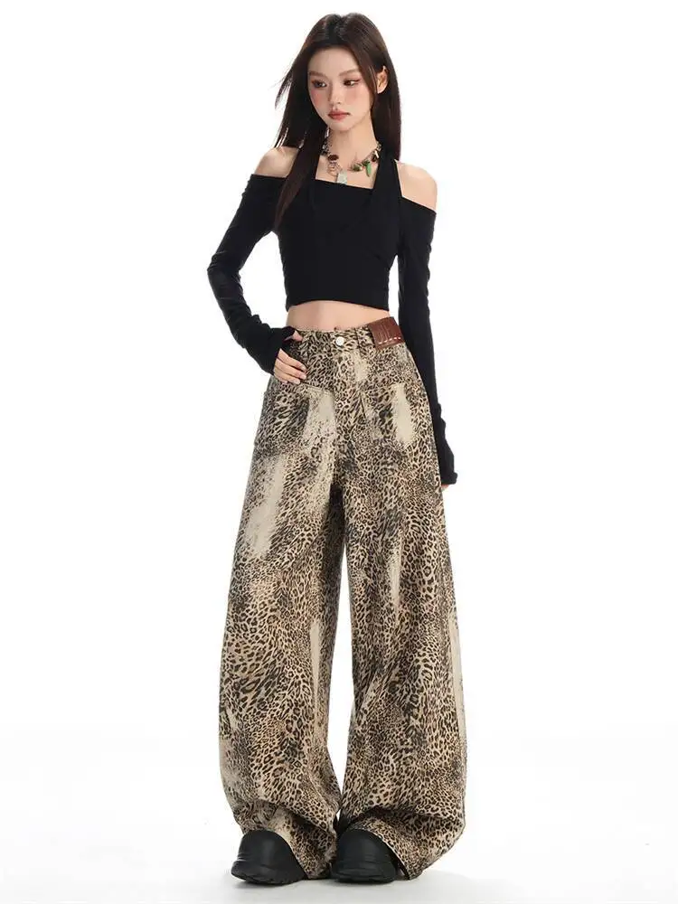 

Женские леопардовые джинсы, осень 2024, новые джинсы с леопардовым принтом, женские потертые хлопковые узкие широкие брюки с высокой талией и цифровым принтом