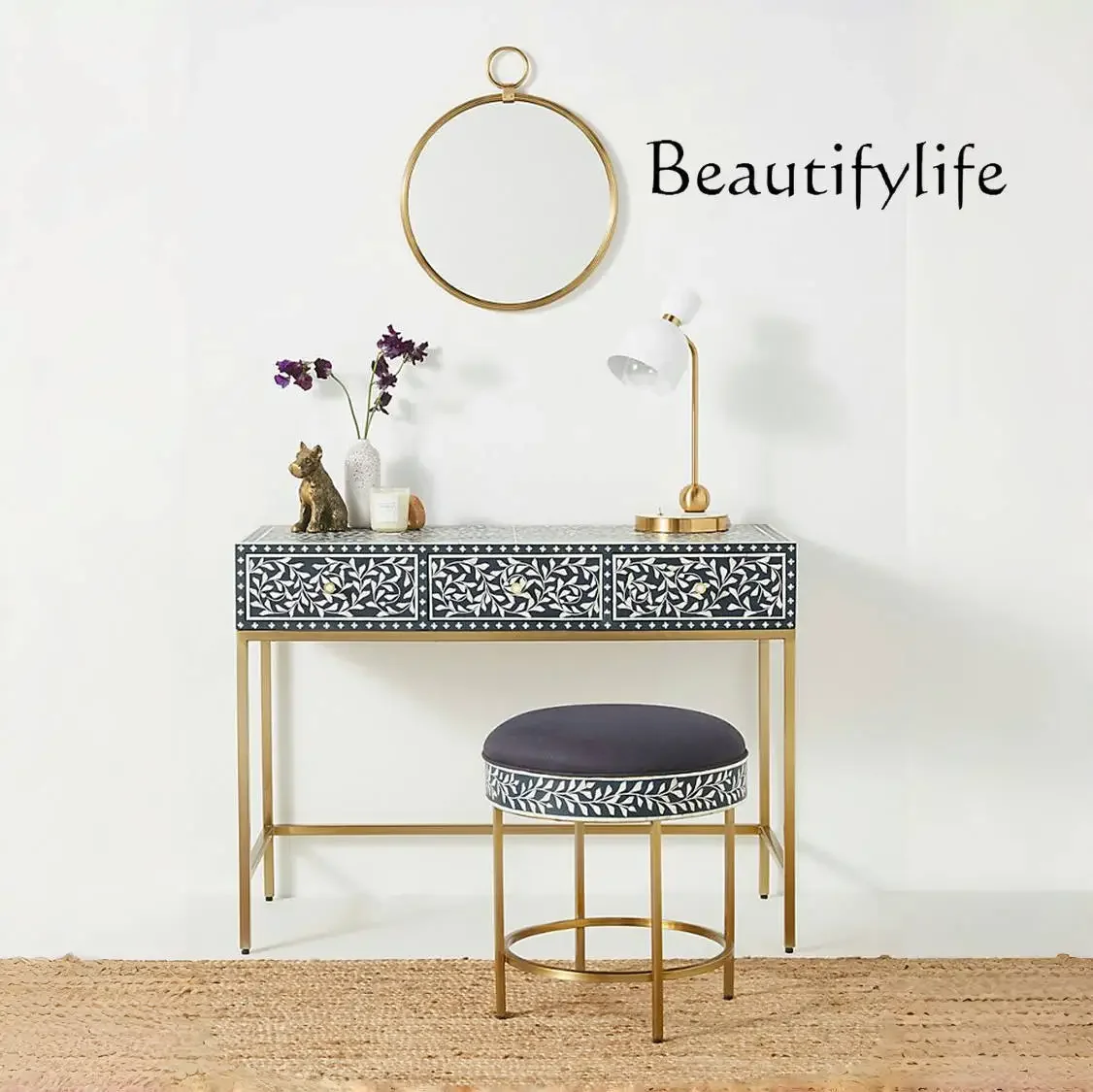 

ZL French light luxury bedroom modern simple dressing table stainless steel painted metal desk neoclassical