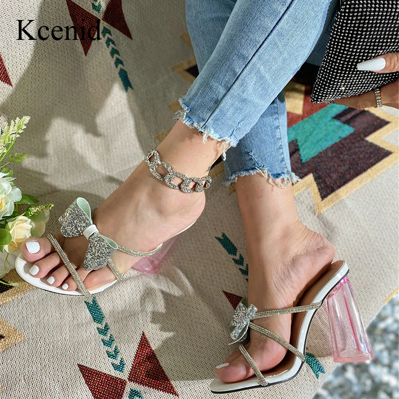 

Kcenid Women Slippers Summer Narrow Band Sandals Fashion Crystal Butterfly-knot Transparent High Heel Women Slippers Party Shoes