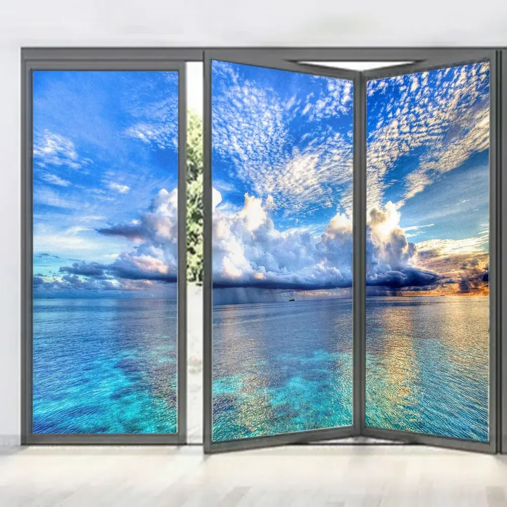 

Glue-Free Electrostatic Privacy Glass Window Frosted Sticker Sunrise Seascape Pattern Glass Door Film Anti UV Glass Window Film