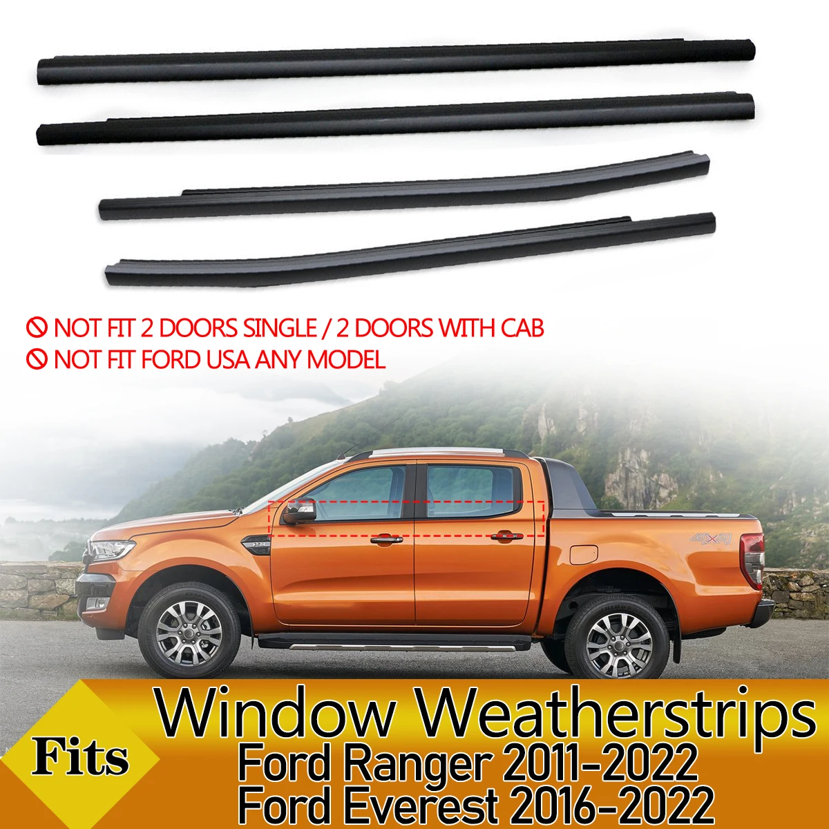 4PCS Car Outer Window Rubber Weatherstrip Waterproof Pressure Strip Sealing Belt Moulding Trim For Ford Ranger Everest 2013-2022