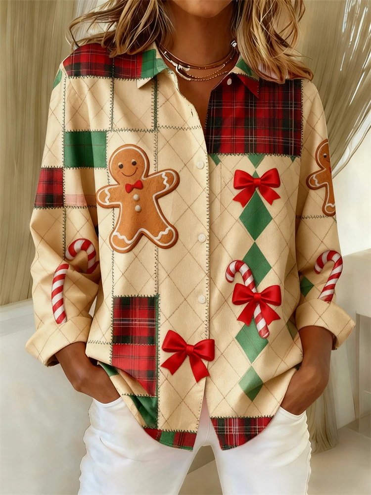 

Рождественская женская рубашка с воротником Рождественский узор снеговика Рубашка на пуговицах с длинными рукавами в винтажном стиле Свободный крой Повседневный топ