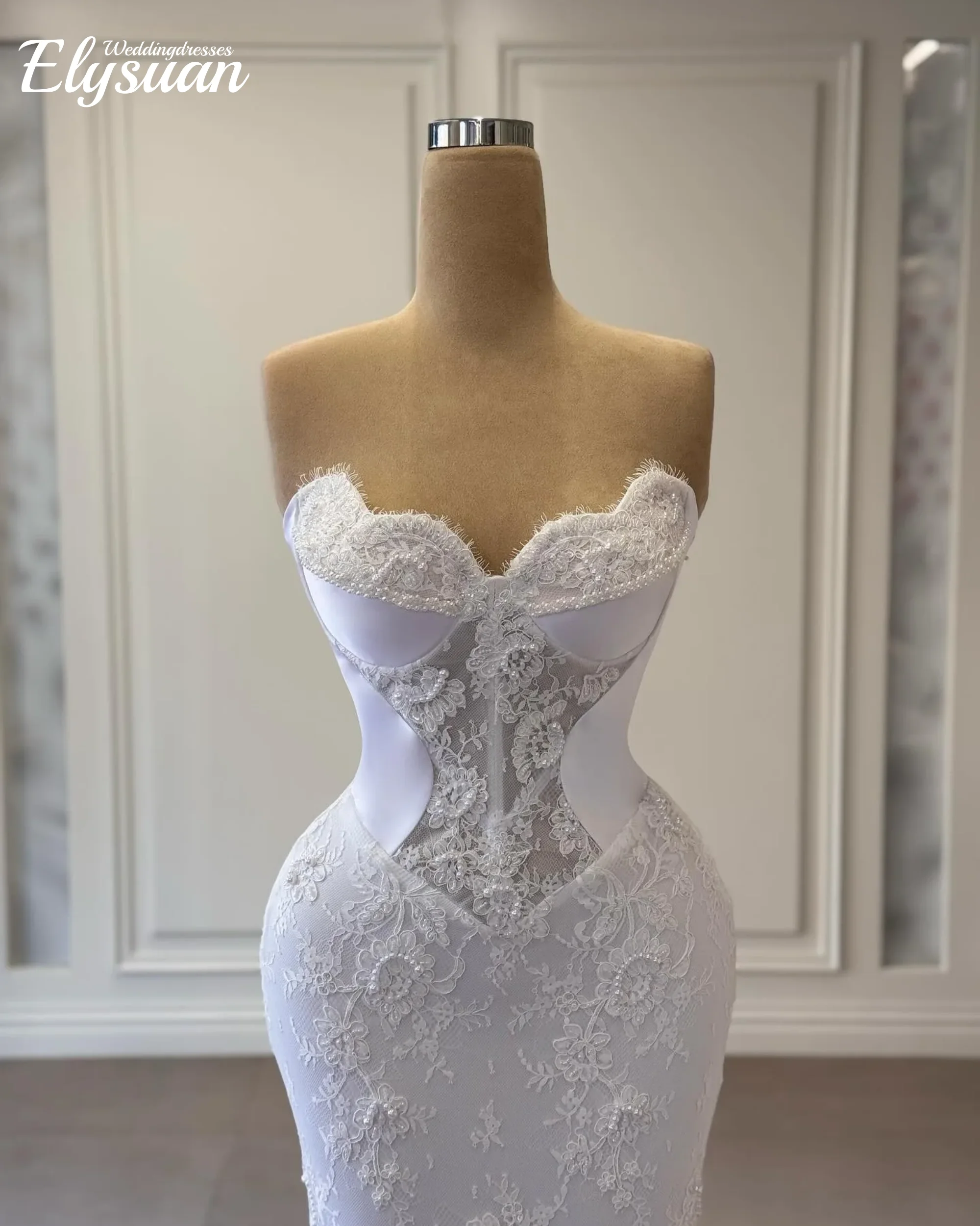 Customized Simple Mermaid Wedding Dress Strapless Sleeveless Bridal Gowns Pearls Lace Detachable Train Dresses Vestidos de Novia