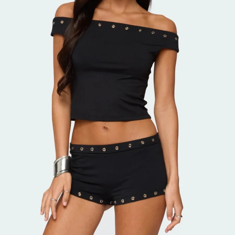 

Women Matching Set Grommet Off Shoulder Top Low Rise Micro Shorts Studded 2 Piece Lounge Set Clothing