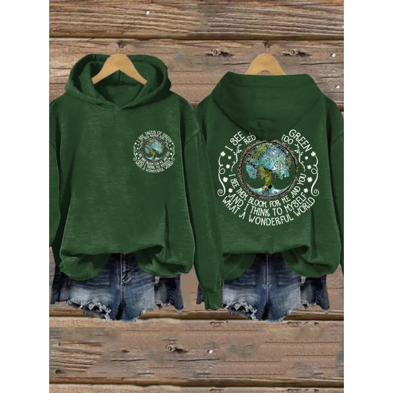 ilstile Women's Hippie Print Sports Hoodies Autumn Winter Outdoor Long Sleeve Casual Loose Round Neck Hooded Hoodies Hot Sale