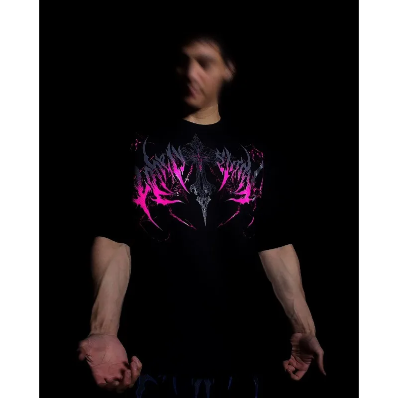 وحيدا الظل القوطية الشارع الشهير تي شيرت الرجال النساء المتضخم القطن المحملة الهيكل العظمي الفن الجرونج حافة داكنة الأزياء المحملة