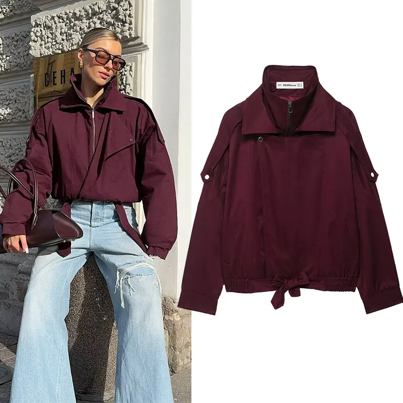 

TRAF Women's Autumn Fashion Jackets Solid Turn-Down Collar Long Sleeves Bow Lace-Up Zipper Female Streetwear Style Jackets