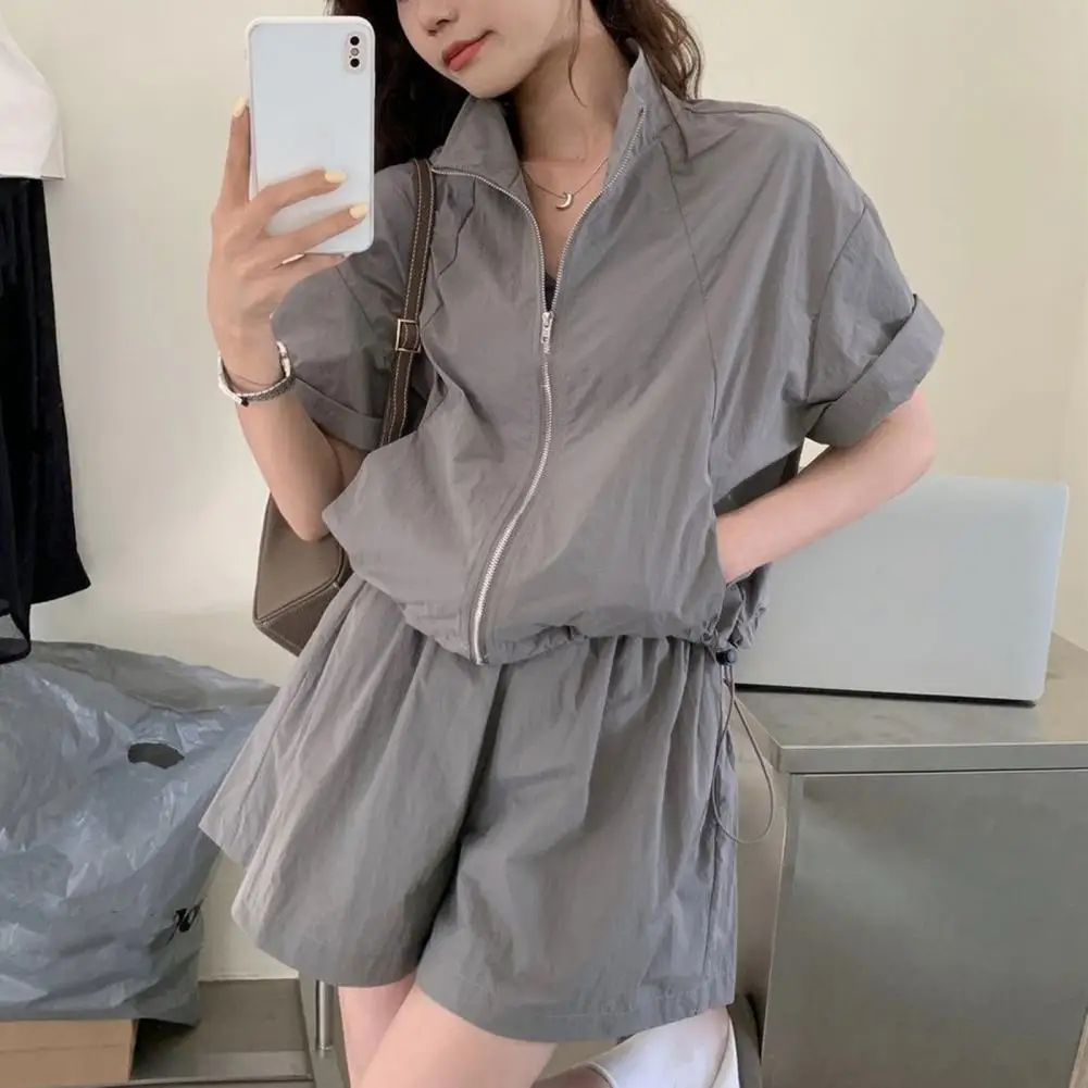 Women Summer Tracksuit Zipper Closure Short Sleeves Sunscreen coat High Waist shorts set Anti UV Sportwear Clothes Tracksuit