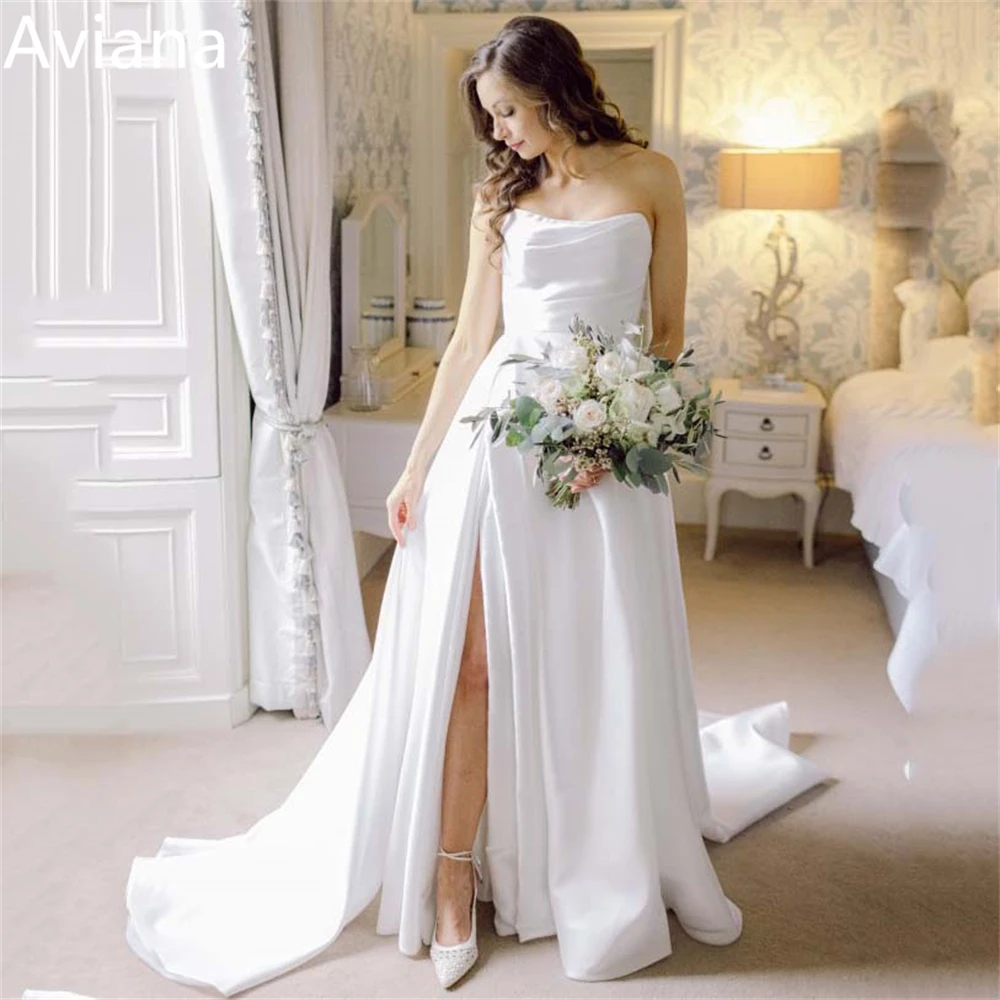 

Customized Simple Strapless A Line Satin Pleat Wedding Dresses Sleeveless Backless Side High Slit Bridal Gowns 2025