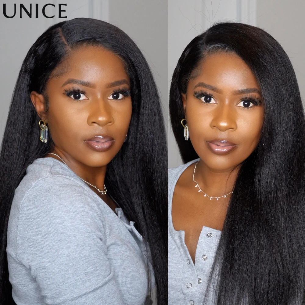 UNICE Real Scalp 13x4 HD Lace Frontal Kinky Straight Wig With Invisi Drawstring Pre Cut Pre Bleached Glueless Human Hair Wig