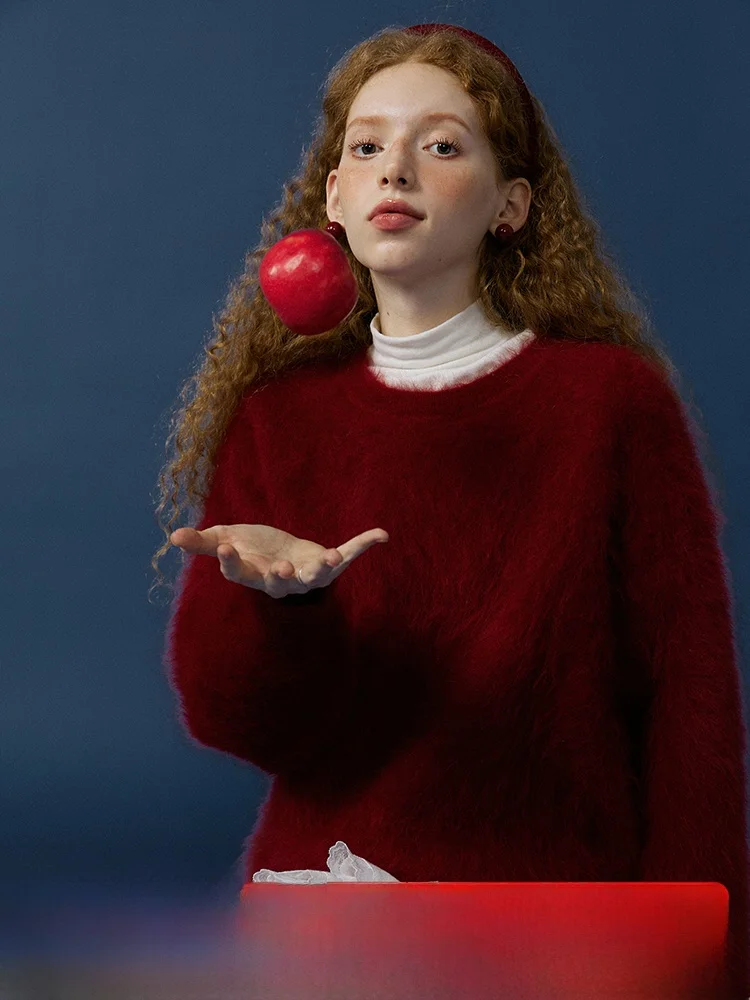 

Мягкий вязаный свитер из кроличьего меха для женщин, свободный крой, новогодняя атмосфера, фиолетовый, милый, с длинными рукавами, круглый вырез, топ