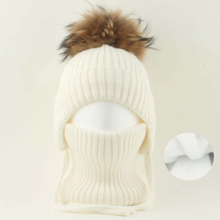NEW Winter Wool Beanie Hat Neck Set 2Pcs Real Fox Ball Hat Kids Boy Girl Thick Warm Knitted Stripe Outdoor Baby Cap 1-6Y