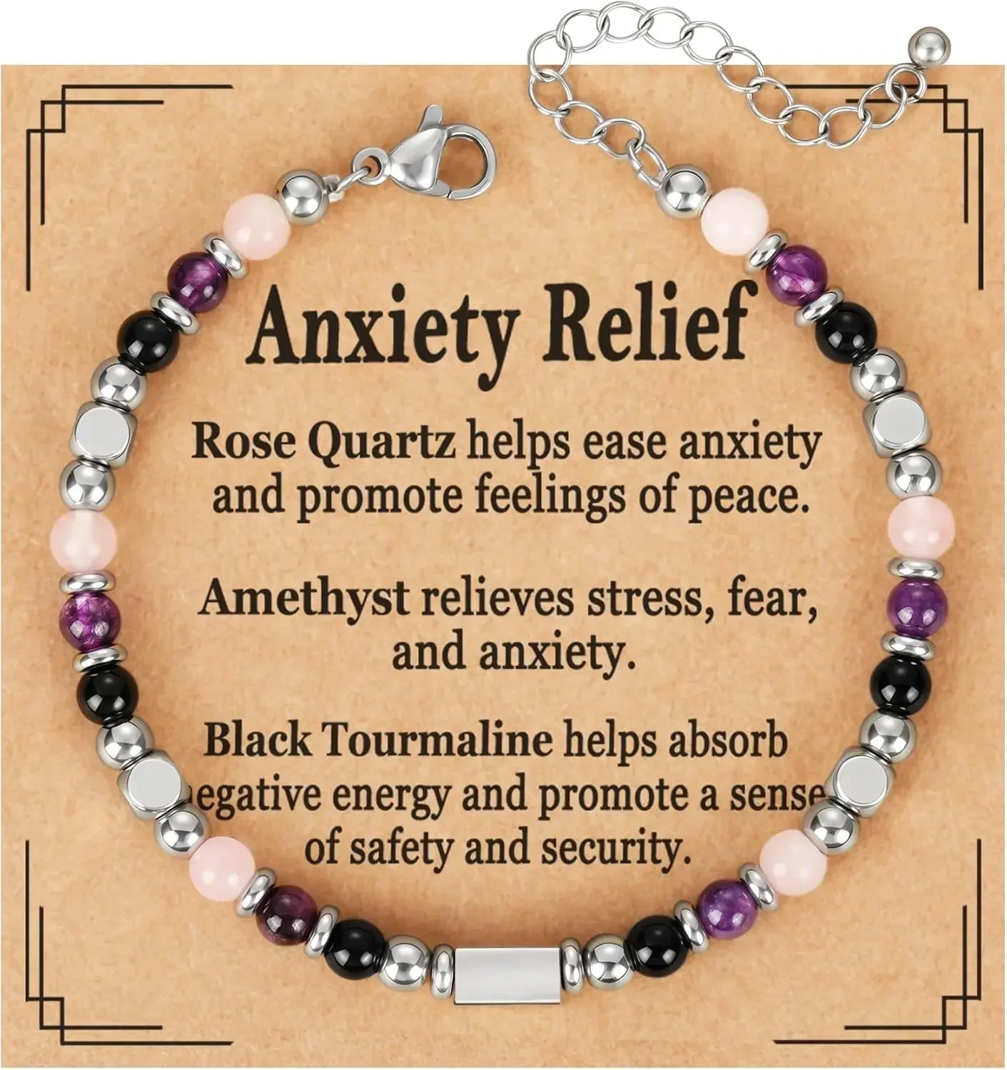 Pulsera de Cristal Curativo Natural para Mujer, Triple Protección, Alivio de la Ansiedad, Nuevos Comenzos, Buena Suerte